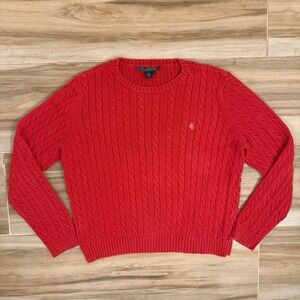 Lauren Ralph Lauren Red Cable Knit Cotton Sweater RLL Logo Crew Neck Large